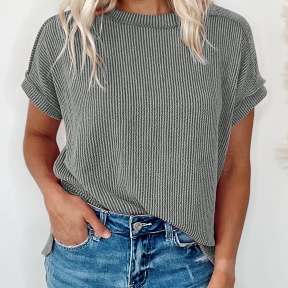 Casual Ribbed Short Sleeve Tee - Gray